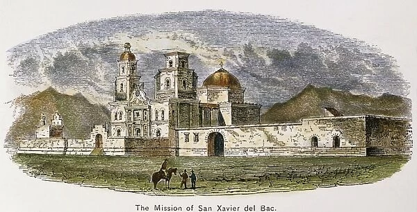 SAN XAVIER del BAC MISSION. The Mission of San Xavier del Bac, founded in 1700 near Tucson, Arizona, by Father Eusebio Kino. Color engraving, 19th century
