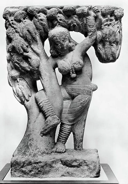Sandstone sculpture of a Yakshini, a benevolent tree spirit in Sanskrit mythology, who looks after treasure hidden in the earth. 1st century A. D