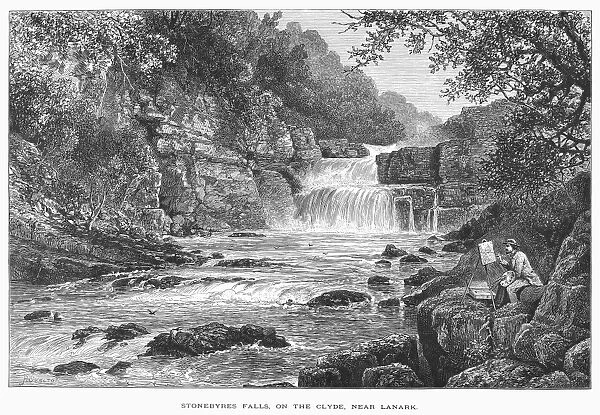 SCOTLAND: WATERFALL. View of Stonebyres Falls, on the river Clyde near Lanark, Scotland. Wood engraving, c1875, after Perceval Skelton