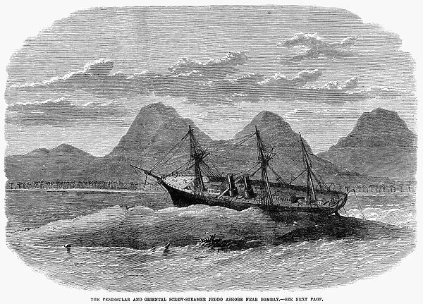 SHIPWRECK, 1866. The Peninsular and Oriental screw-steamer Jeddo ashore near Bombay, India. Wood engraving, English, 1866