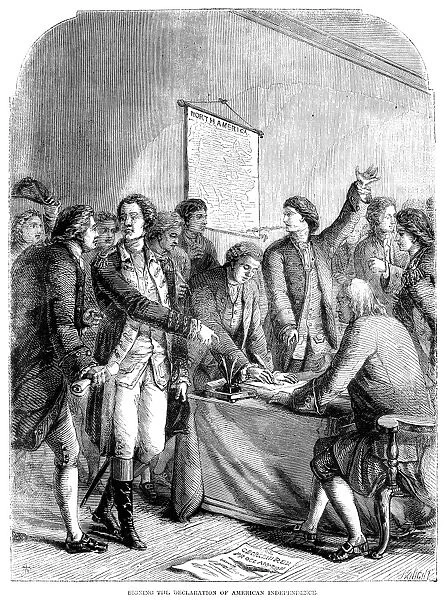 The Signing of the Declaration of Independence at Independence Hall in Philadelphia, Pennsylvania, 4 July 1776. Wood engraving, English, 19th century
