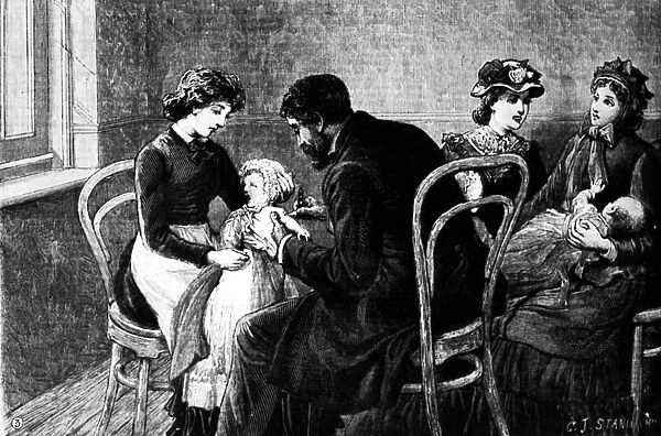 SMALLPOX VACCINATION, 1883. Infants being vaccinated against smallpox with glycerinated calf lymph. Wood engraving, English, 1883