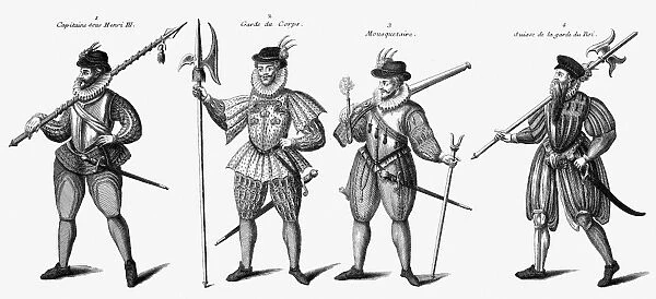 SOLDIERS, 16th CENTURY. French soldiers during the reign of King Henry III (1574-1589). Left-to-right: a captain, a memeber of the Garde du Corps, a musketeer, and a member of the Swiss Guards. Copper engraving, French, 18th century