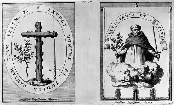 SPANISH INQUISITION. Banners of the Spanish Inquisition in Spain (left) and the Portuguese colony of Goa. Line engraving from Historia Inquisitionis, by Philipp van Limborch, 1692