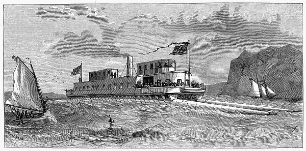STEAM-CATAMARN, 1880. The steam-catamaran Henry W. Longfellow, in service on the Hudson River. Wood engraving, American, 1880