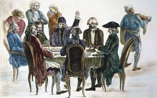 TALK AT VOLTAIREs HOME. Voltaire, with upraised arm, along with Abbe Maury, Father Adam, Condorcet, Diderot, Laharpe, and d Alembert. Colored engraving, 18th century