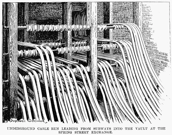 TELEPHONE CABLES, 1891. Underground cable run leading from subways into the vault at the Spring Street Exchange. The telephone in New York City. Line engraving from an American newspaper of 1891