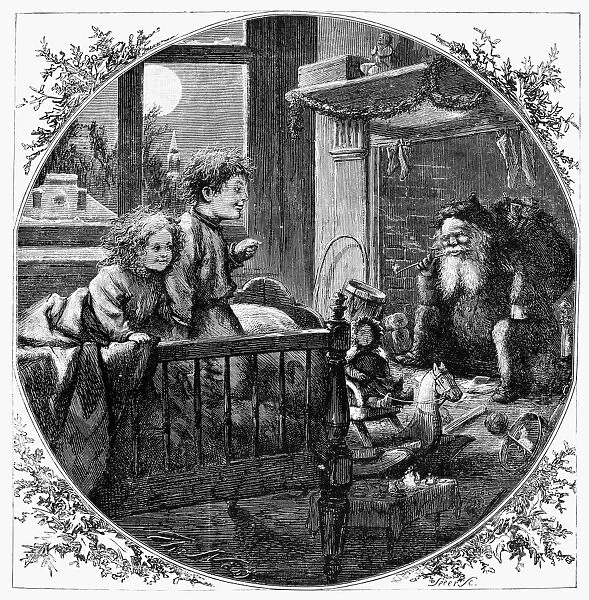 THOMAS NAST: CHRISTMAS. Santa Claus coming down the chimney. Wood engraving after a drawing by Thomas Nast (1840-1902)