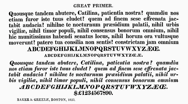 TYPOGRAPHY, 1825. Great primer, a typeface from the catalog of Baker & Greele, Boston