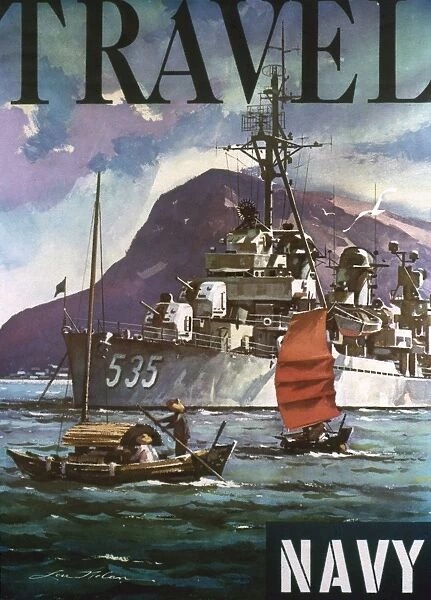 U. S. NAVY TRAVEL POSTER. Travel. Lithograph recruiting poster for the U. S. Navy, probably 1930s