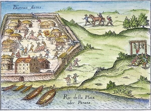 View of Buenos Aires, Argentina, founded in 1536 by Pedro Mendoza. Line engraving for Ulrich Schmidels account of Mendozas expedition, Nuremberg, 1595