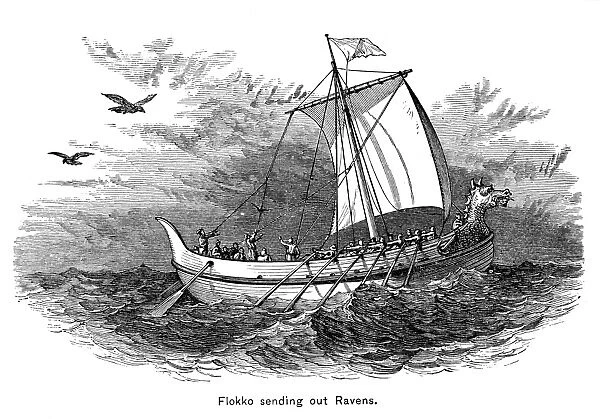 VIKING SHIP. Flokko sending out ravens. Wood engraving, 19th century