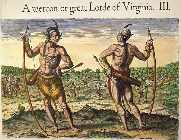 VIRGINIA NATIVE AMERICANS, 1590. A weroan or great Lorde of Virginia. Colored engraving, 1590, by Theodor de Bry after John White