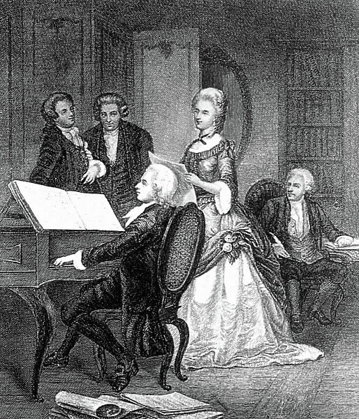 WOLFGANG AMADEUS MOZART (1756-1791). Austrian composer. Mozart rehearsing with German soprano, Caterina Cavalieri (1755-1801). Line engraving