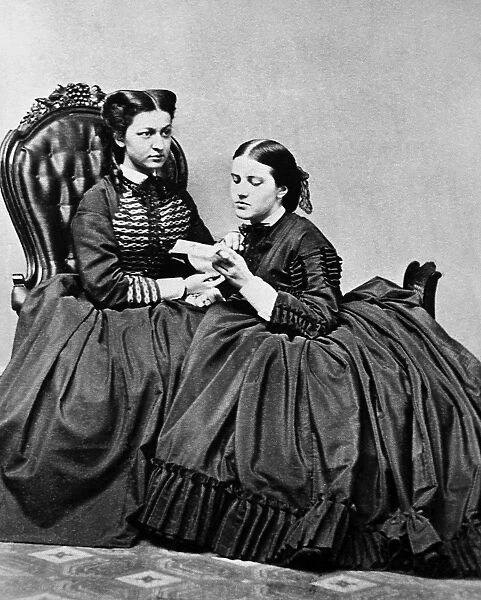 WOMENs FASHION, c1860. Photograph of two unidentified women, probably American, c1860