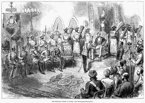 WORLD HISTORY: INDIA. The proclamation of Queen Victoria as Empress of India at the Imperial Durbar at Delhi on 1 January 1877. The Nepali deputation. Contemporary English wood engraving
