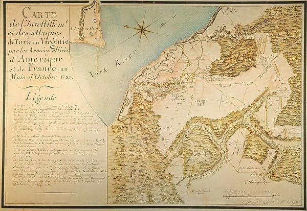 YORKTOWN: SIEGE MAP, 1781. Map showing the British fortifications and the siege lines of the French and American forces at Yorktown, Virginia, in 1781. Watercolor drawn for General Lafayette by Major Capitaine