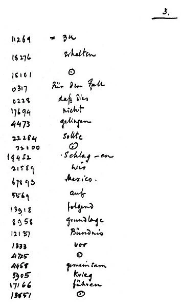 ZIMMERMANN TELEGRAM, 1917. Page 3 of the British decode of the Zimmermann telegram