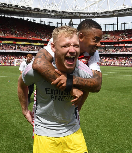 Arsenal's Ramsdale and Jesus Celebrate after Arsenal v Sevilla Pre-Season Friendly