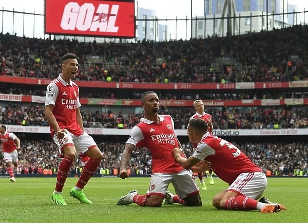 Arsenal's Unstoppable Trio: Jesus, Martinelli, and Xhaka Celebrate Double Strike Against Tottenham in the 2022-23 Premier League