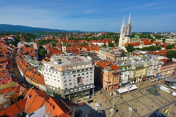 General city skyline view with Zagreb Cathedral and Ban Jelacic Square in Zagreb, Croatia
