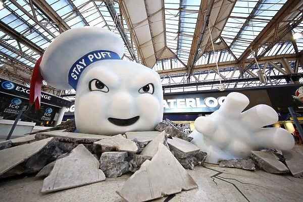 Ghostbusters Stay Puft Marshmallow Man film promotion in Waterloo Station, London