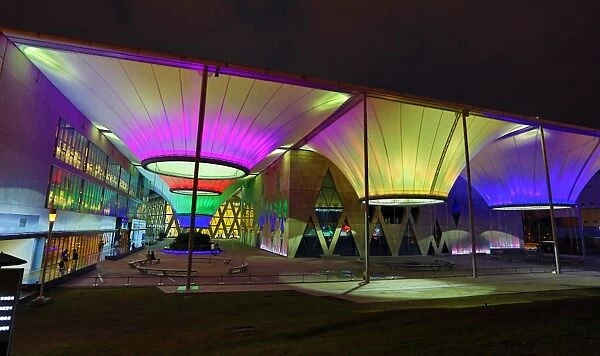 The roof of Dadong Arts Centre illuminated at night in Kaohsiung, Taiwan