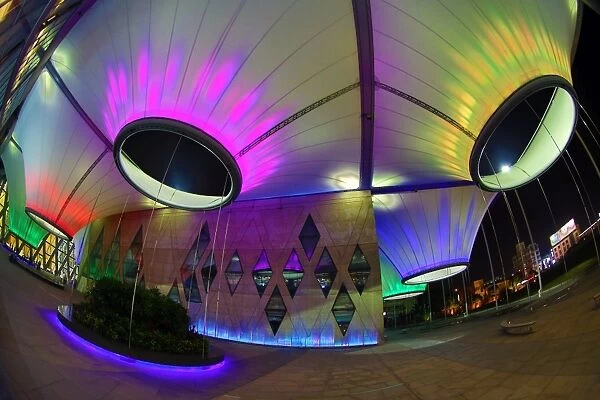 The roof of Dadong Arts Centre illuminated at night in Kaohsiung, Taiwan