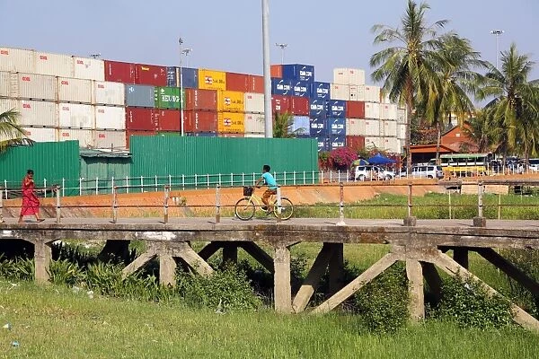 Shipping containters at the Botahtaung Jetty and docks, Yangon, Myanmar