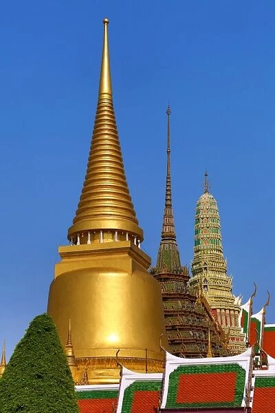 Stupas and chedis at Wat Phra Kaew Royal Palace complex in Bangkok, Thailand