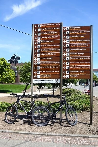 Tourist information signs with directions to famous landmarks in King Tomislav Square in Zagreb