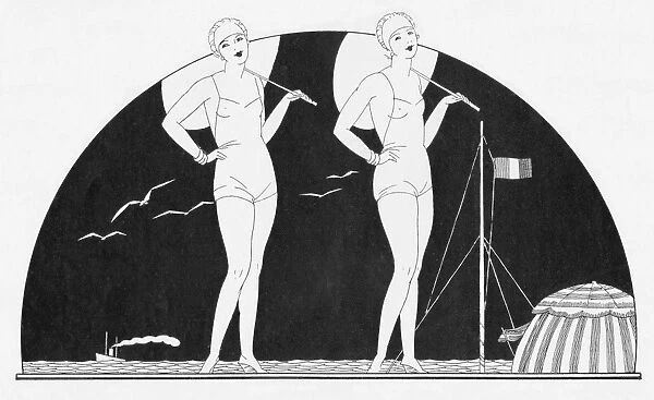 Art deco sketch of sunbathers at Deauville, 1927