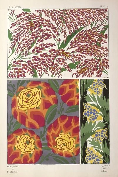 Three designs of leaves and flowers by E A Seguy