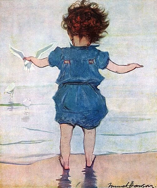 Toddler in blue at the seaside by Muriel Dawson