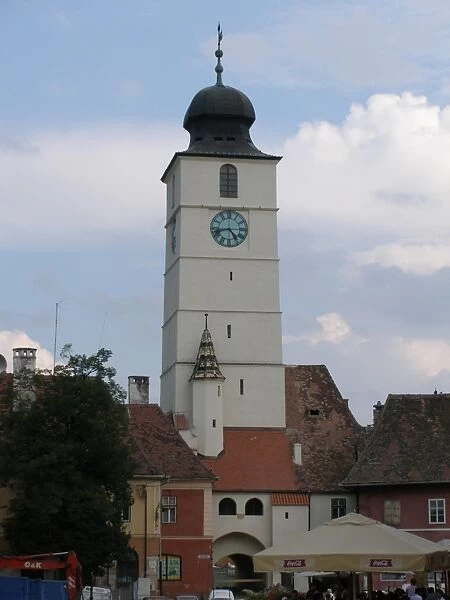 White clock tower in Sibiu, Romania
