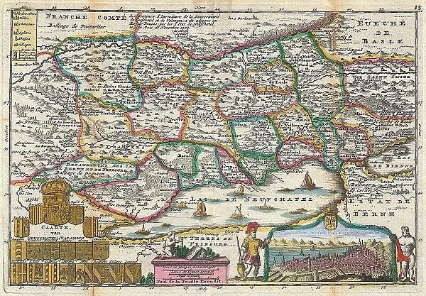 1747 La Feuille Map Of Neuchâtel Switzerland