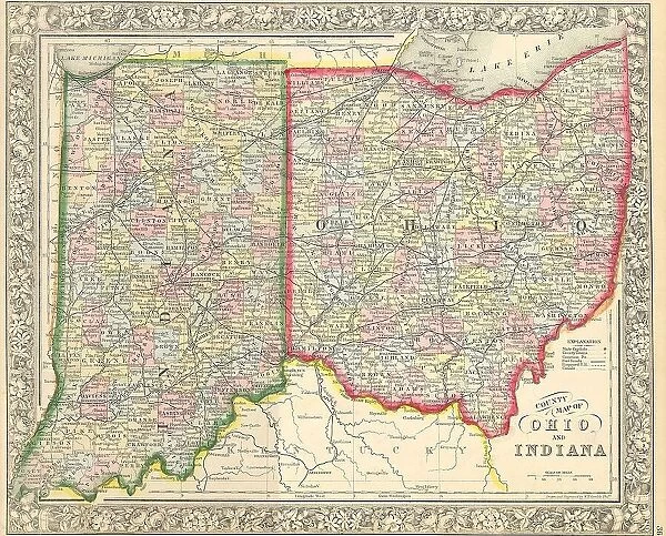 1860 Mitchell's Map Of Ohio And Indiana Topography
