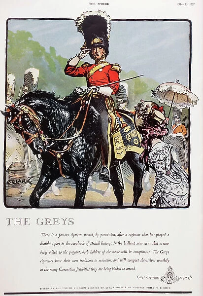 A 1937 advertisement for Greys Cigarettes showing a member of the Royal Scots Greys Regiment on horseback