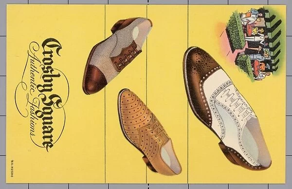 Advertisement for Mens Shoes. ca. 1936, from the CROSBY SQUARE Shoe Wardrobe for Spectator Sports, Town and Business. THREE SELECTIONS from the Town and Spectator Sports group in the Crosby Square shoe wardrobe for Spring and Summer occasions. In addition to your all-white shoes which are a In addition to your all-white shoes which are a must for slightly formal occasions, you need one of these combination shoes, part-white or part-fabric. Its great to have an extra pair, too, air-conditioned with perforations for hot days. We have them all, in faithful Crosby Square reproductions from the work of the worlds famous custom bootmakers