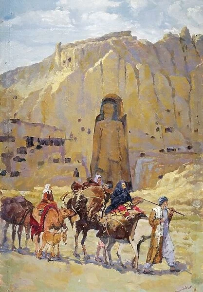 Afghan nomad family in front of one of two Buddhas of Bamiyan, 1950, Painting