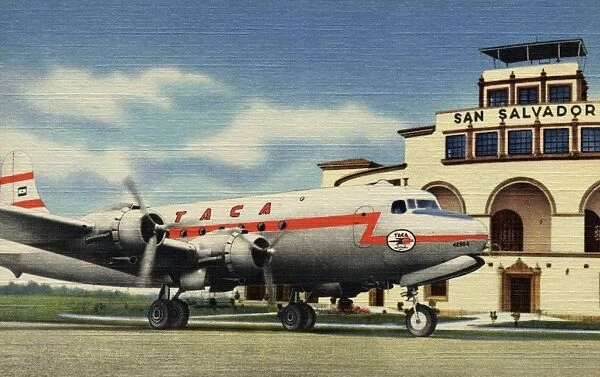 Airliner at Ilopango Airport. ca. 1949, San Salvador, El Salvador, TACA AIRWAYS SYSTEM. The beautiful Administration Building, Ilopango Airport, San Salvador, El Salvador. This fine modern airport lies on the edge of a volcanic lake at an altitude of 2, 014 feet