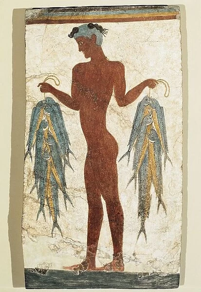 Ancient Greek fresco depicting fisherman, 1500 B. C. from Akrotiri, Thera, Greece