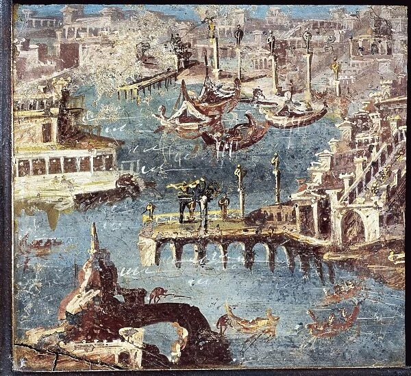 Ancient Roman fresco with harbour scene from Stabiae, 1st Century