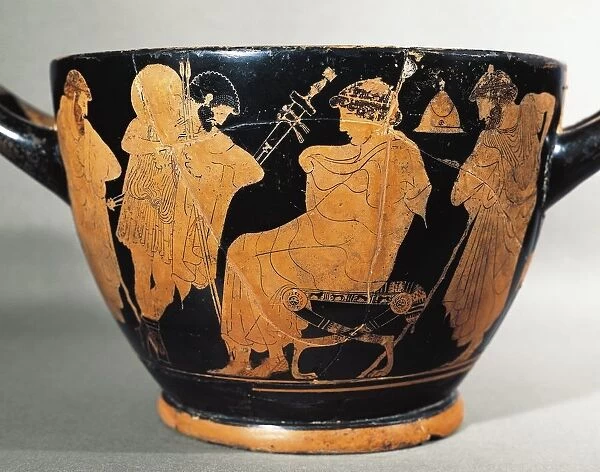 Attic skyphos signed by potter Hieron and attributed to Makron, side B with Embassy to Achilles, circa 480 B. C