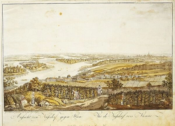 Austria, View of Nussdorf with Vienna in background, illustration