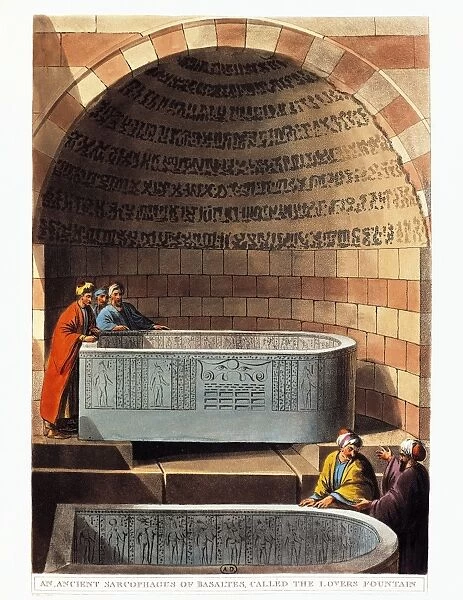 Basalt sarcophagus called The Lovers Fountain by Luigi Mayer, 1804, engraving
