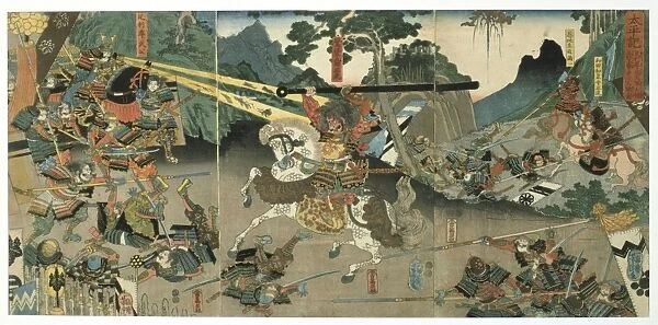 Battle scene from the series The Forty-seven Faithful Samurai. Coloured woodblock print