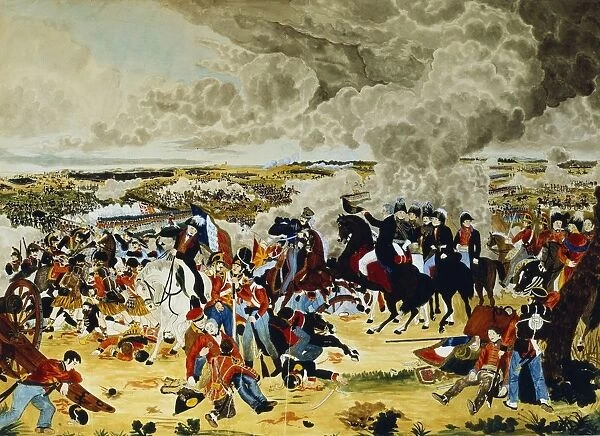 Battle of Waterloo 18 June 1815. Wellington with his Staff doffing his hat (to Blucherja)