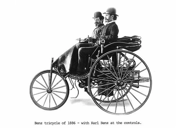 Benz tricycle of 1886 with Karl Benz (1844-1929), German engineer and car manufacturer