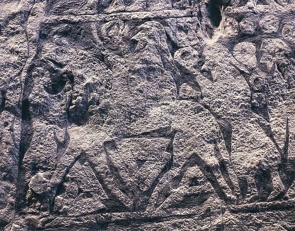 Bildstenar runestone, detail depicting Viking chief leading ritual procession to Valhalla, from Gotland, Sweden